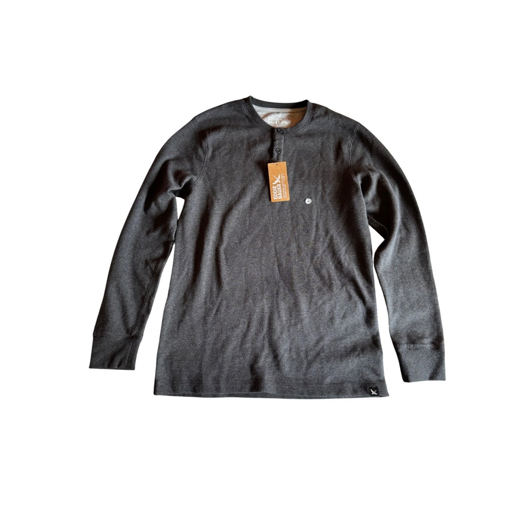 Eddie Bauer Mens Thermal Henley Shirt Charcoal Grey Waffle Knit Long Sleeve S